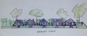Concept drawing of houses on the Broadway "Triangle" property. The actual houses being built look nothing like this. 